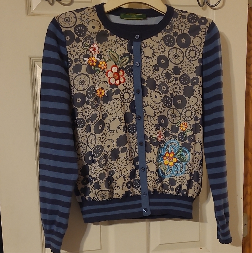 Oilily Blue and Gray Floral Embroidered Cardigan